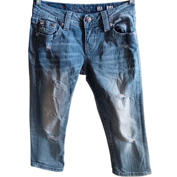 Miss Me Womens Mid-Rise Easy Crop Jeans Size 25 Distressed Denim Embellished - Picture 2 of 5